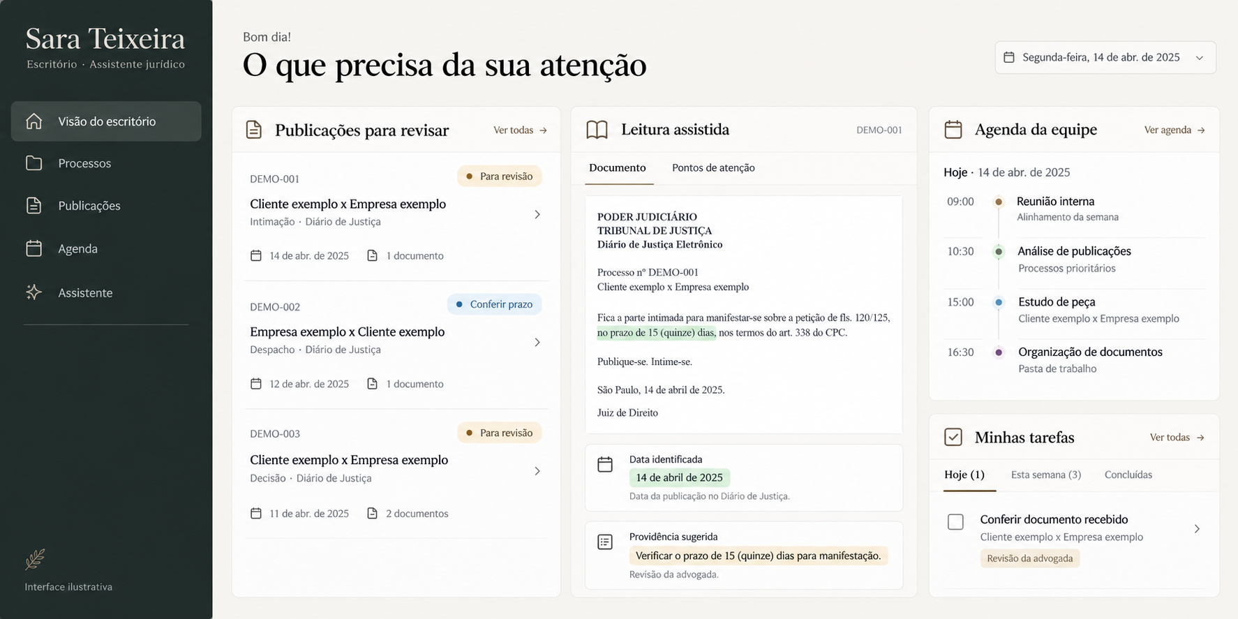 Interface ilustrativa de Sara Teixeira — Assistente jurídico no computador